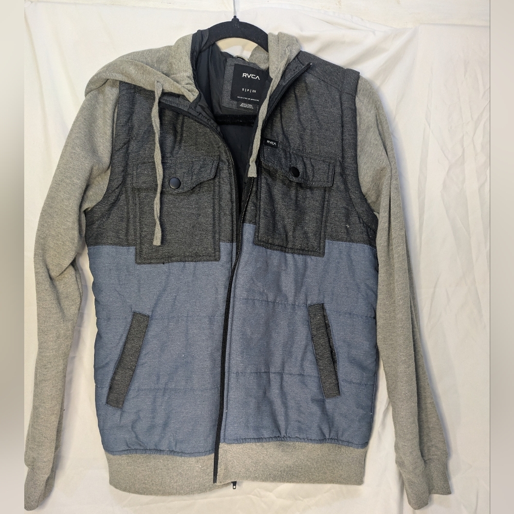 RVCA Mens Puffer Wayward Hoodie Jacket Size Small In Blue/Black/Gray